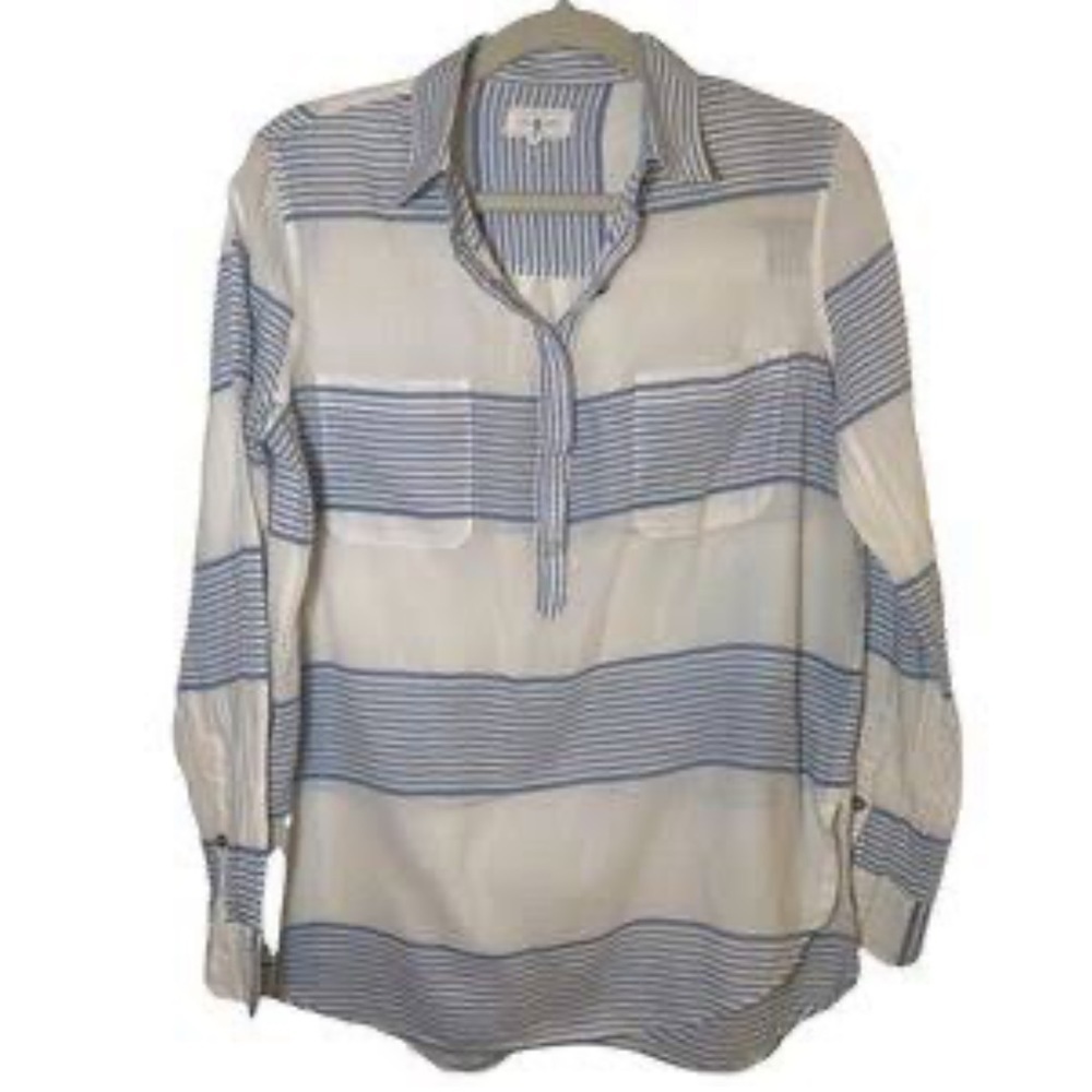 Lou & Grey Women’s Long Sleeve Cotton Gauzy Striped Popover Tunic Blouse Shirt M